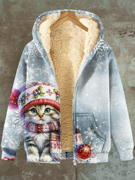 Zaida® | Caratterizzata da giacca in pile con cappuccio e zip con motivo gatto a fiocco di neve