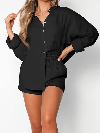 Yvonne® | Set casual composto da camicia con colletto e pantaloncini con coulisse