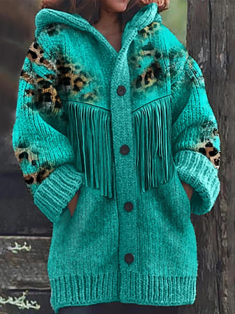 Cardigan Accogliente con Cappuccio con Frange Turchesi in Vacchetta Leopardata